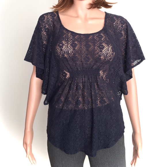 ❌SOLD❌XXS•DOWNEAST•NAVY•LACE BATWING BLOUSE• - Picture 4 of 4